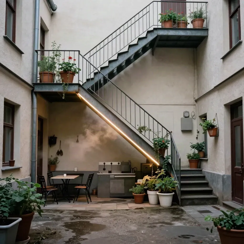 Kreuzberger Innenhof mit Feuertreppe, Kübelpflanzen und aufsteigendem Küchendampf.