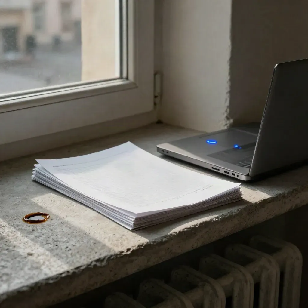 Fensterbank mit gestapelten Blättern, geschlossenem Laptop und Kaffeering im Morgenlicht.